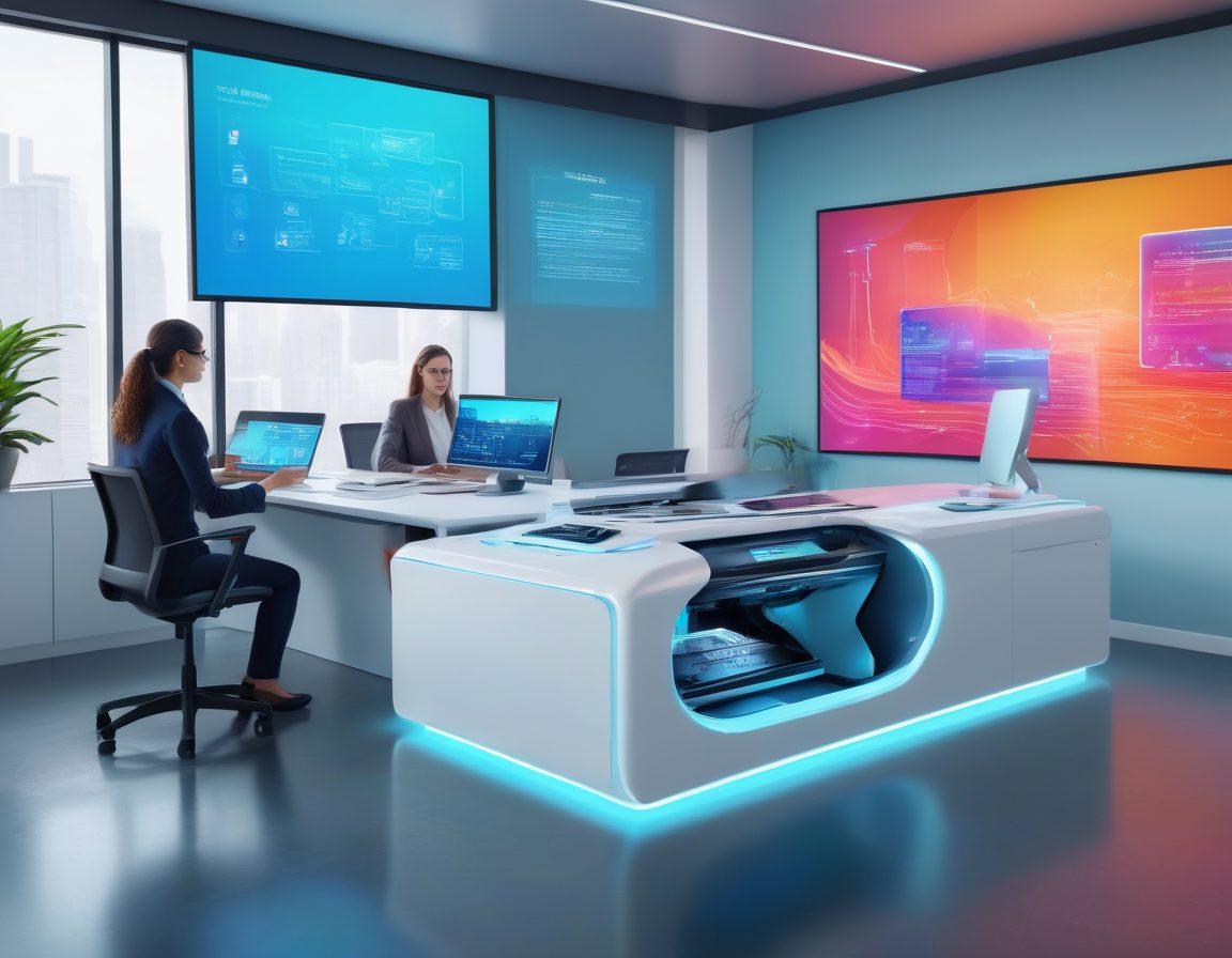A futuristic office setting featuring a sleek, high-tech fax machine seamlessly integrating into a digital workspace. Include diverse professionals engaging in dynamic communication, with holographic screens and digital documents swirling around them. Emphasize collaboration and innovation with vibrant colors and modern design elements. super-realistic. vibrant colors.