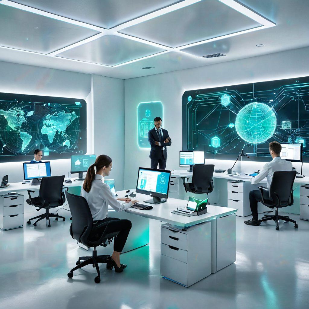A futuristic office setting showcasing professionals engaged in seamless digital communication, surrounded by holographic documents transmitting secure data. Include visual elements like glowing network connections, encrypted symbols, and sleek digital devices, emphasizing security and efficiency. The color palette should blend cool blues and greens for a tech feel, with a modern aesthetic. super-realistic. vibrant colors. white background.