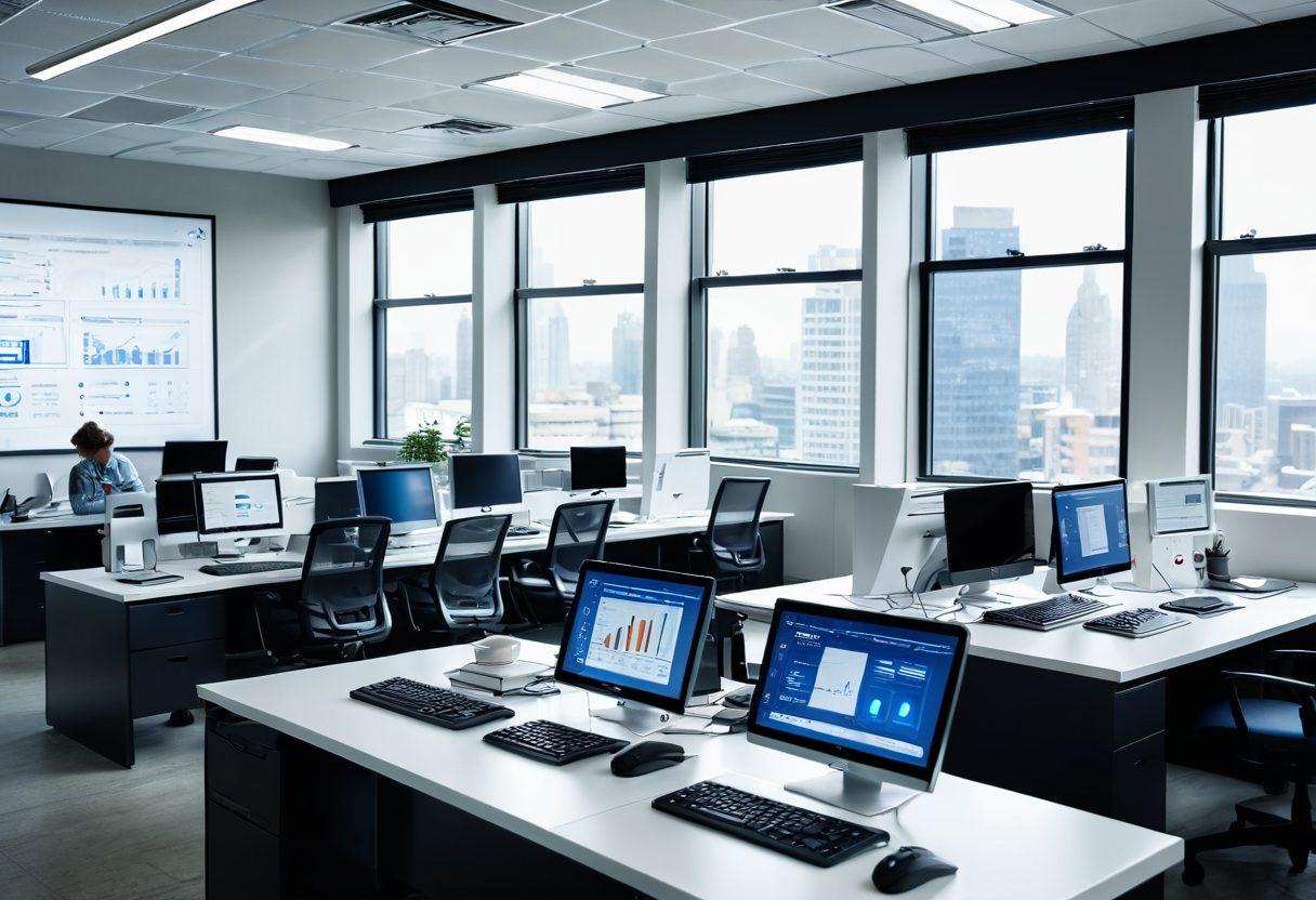 A sleek modern office environment with a high-tech automated fax machine prominently displayed, surrounded by professionals using laptops and tablets. The scene conveys a sense of efficiency and productivity, with digital graphs and charts in the background illustrating workflow improvements. Soft natural light filters through large windows, creating an inviting atmosphere. vibrant colors. super-realistic.